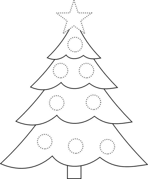 Obrysuj ozdoby, a następnie pokoloruj choinkę kolorowanka do druku